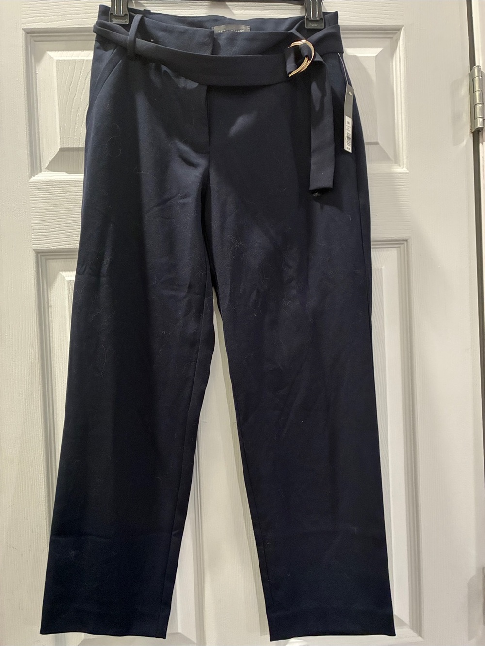 The Limited Navy Belted Straight Trousers with Gold Buckle